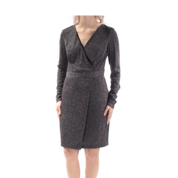 Guess Sparkle Wrap Dress Glittery Stretchy Lined LongSleeve V-Neck Mini LBD EUC - Picture 1 of 14